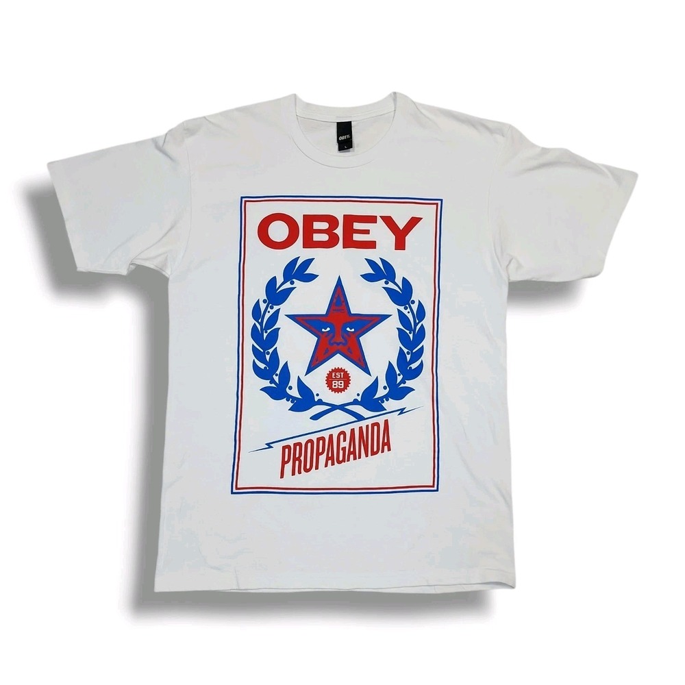 Obey Propaganda Large Front Graphic Print Streetwear White Y2K T-Shirt Men's L
